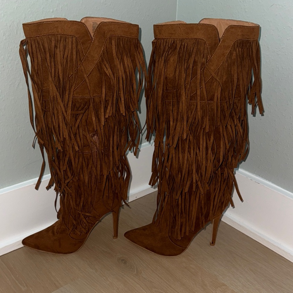 Fringe Heeled Cowboy Boots- pretty brown suede- pointed toe